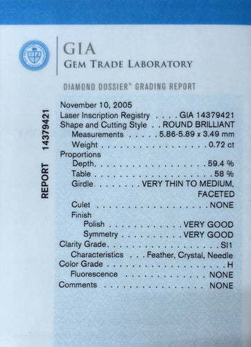 0.72 CT Round GIA SI1/H