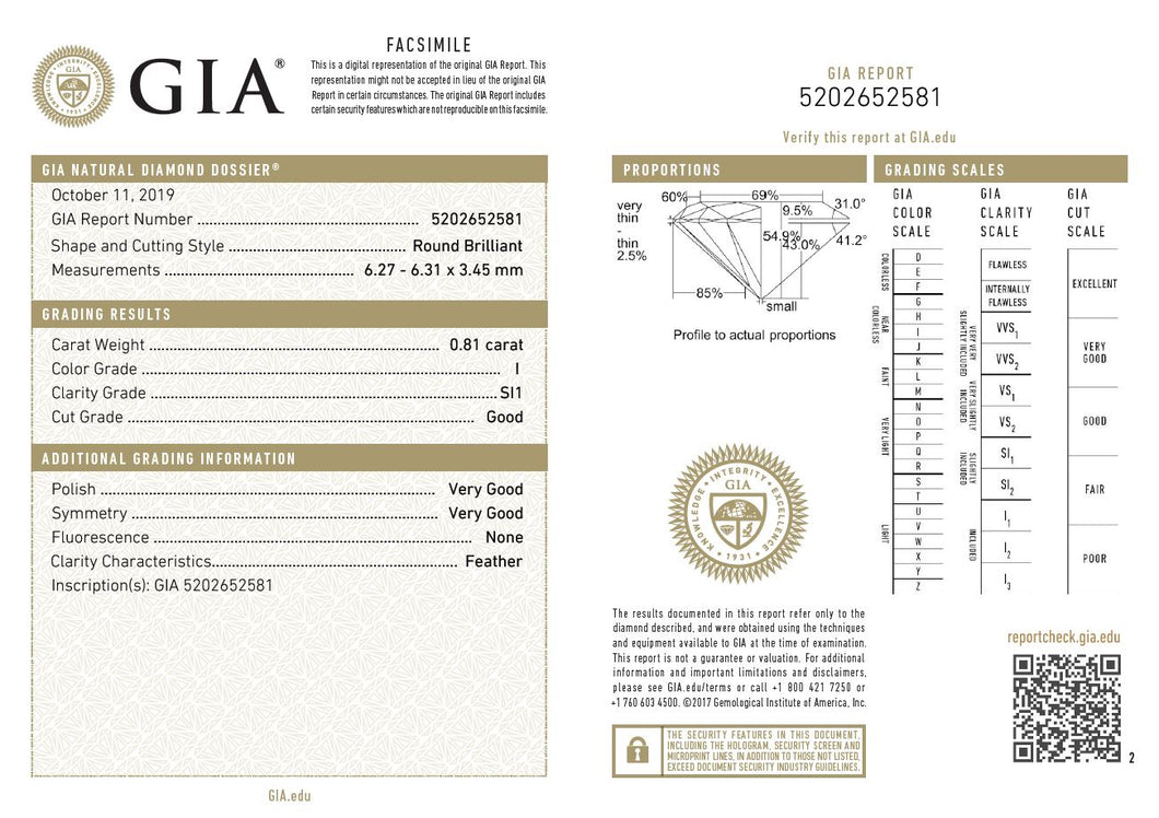 0.81 CT Round GIA SI1/I