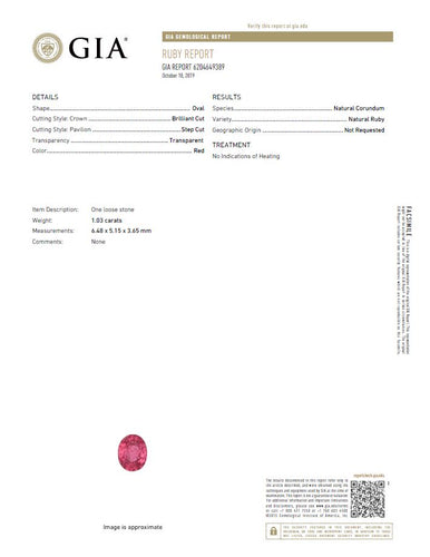 1.03 CT GIA Oval Unheated Natural Ruby