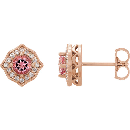 14K Rose Gold Pink Topaz and Diamond Earrings