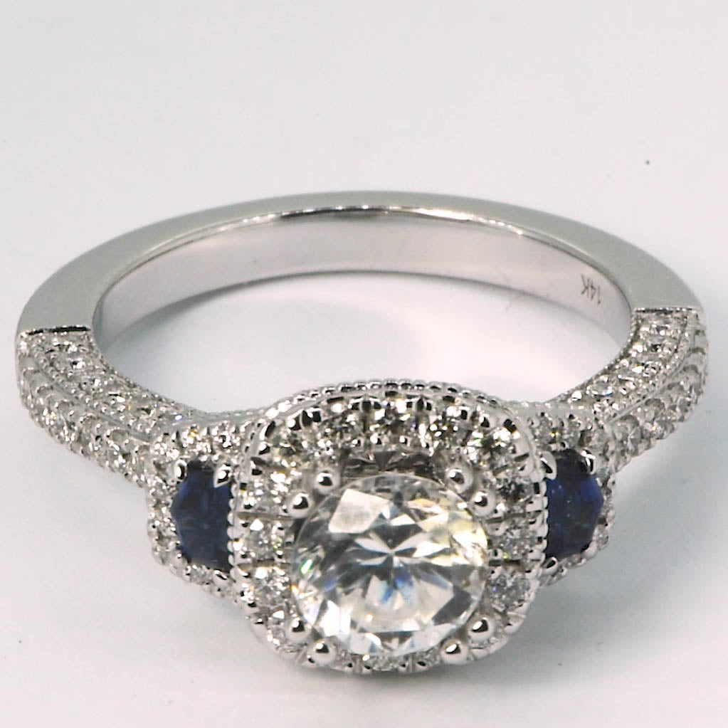 14K White Gold Custom Made Diamond and Sapphire Engagement Ring