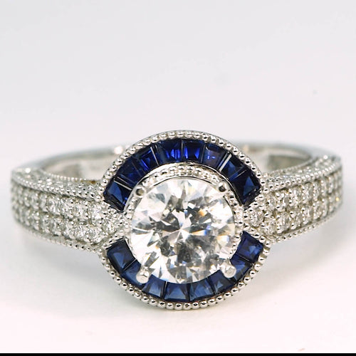 14K White Gold Sapphire and Diamond Halo Engagement Ring