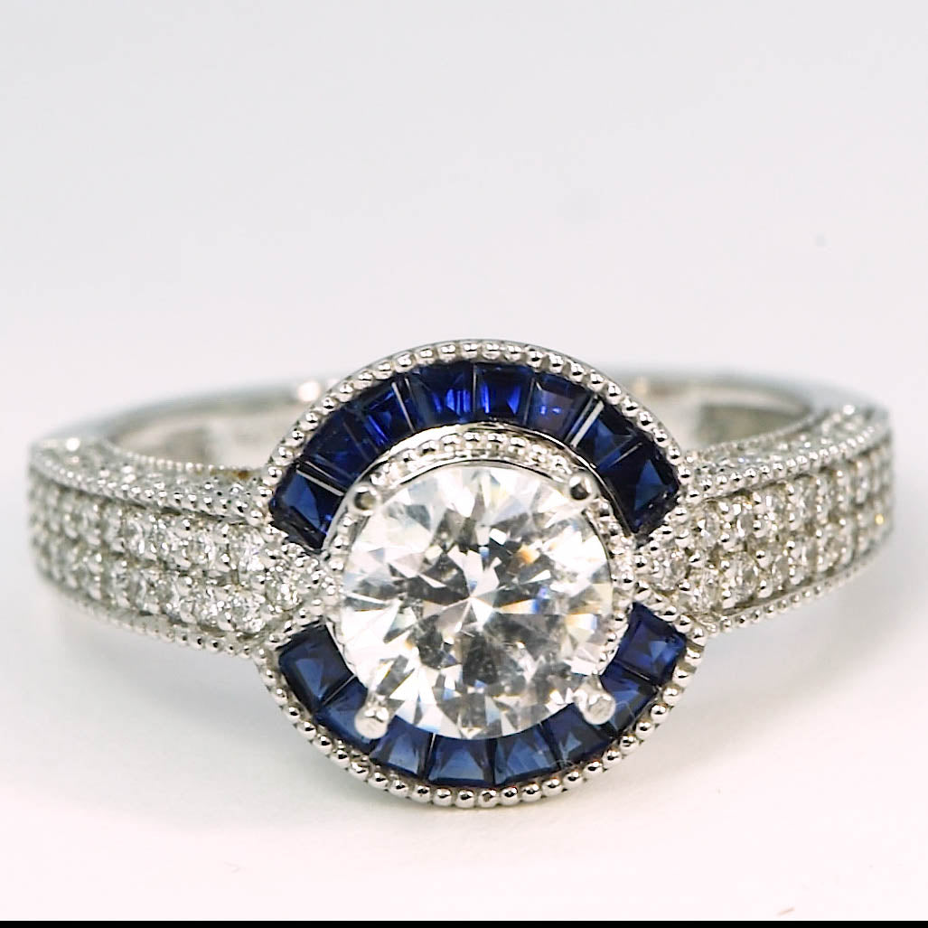 14K White Gold Sapphire and Diamond Halo Engagement Ring