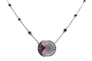 14K White and Rose Gold Ruby, Pink Quartz, and Diamond Necklace