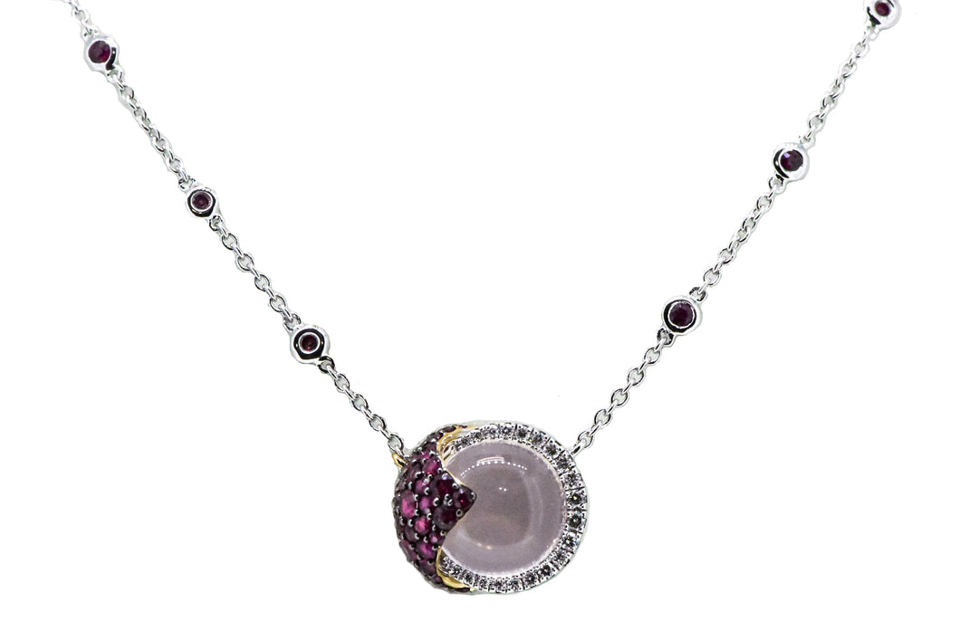 14K White and Rose Gold Ruby, Pink Quartz, and Diamond Necklace