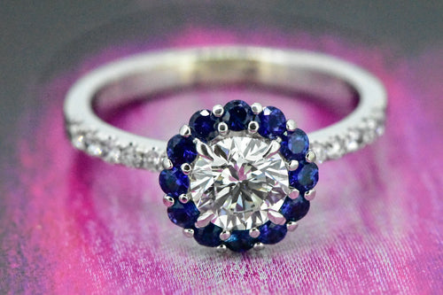 14K White Gold GIA Diamond and Sapphire Ring
