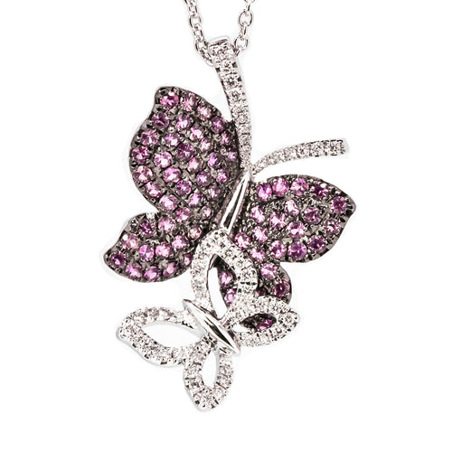 14K White Gold Pink Sapphire and Diamond Butterfly Necklace