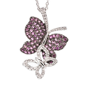 14K White Gold Pink Sapphire and Diamond Butterfly Necklace