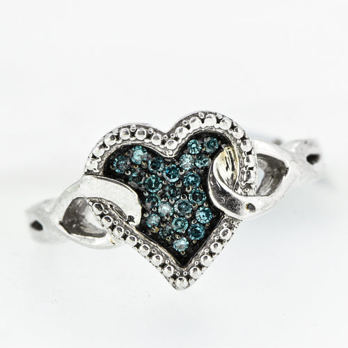Sterling Silver Heart Ring with Blue Diamonds