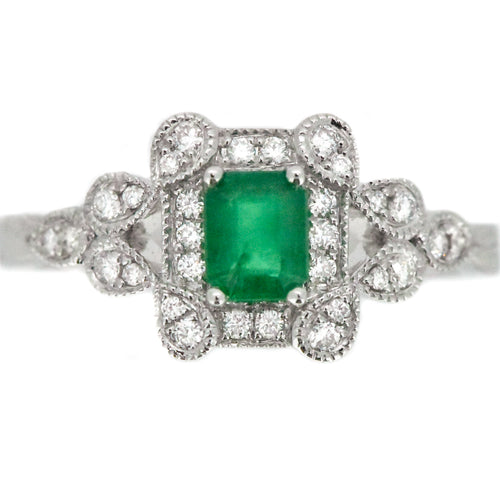 14K White Gold Emerald and Diamond Engagement Ring