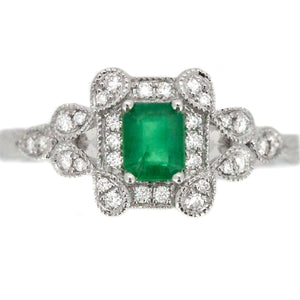 14K White Gold Emerald and Diamond Engagement Ring