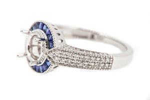 14K White Gold Sapphire and Diamond Halo Engagement Ring