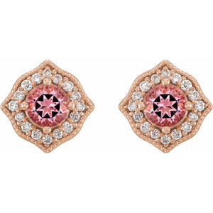 14K Rose Gold Pink Topaz and Diamond Earrings